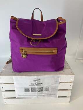 MICHAEL KORS, LARGE PURPLE, BROWN NYLON LOCK CHARM BACKPACK